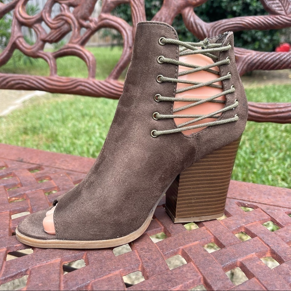 💋BAMBOO Vegan Suede Zip Back Open Toe Ankle Heeled Booties